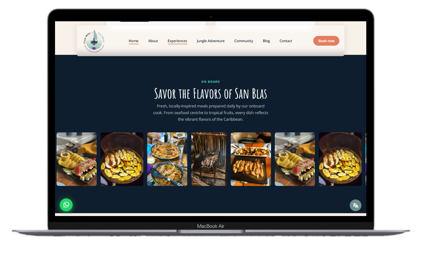 Sección 'Savor the flavors of San Blas', comida a bordo — versión desktop