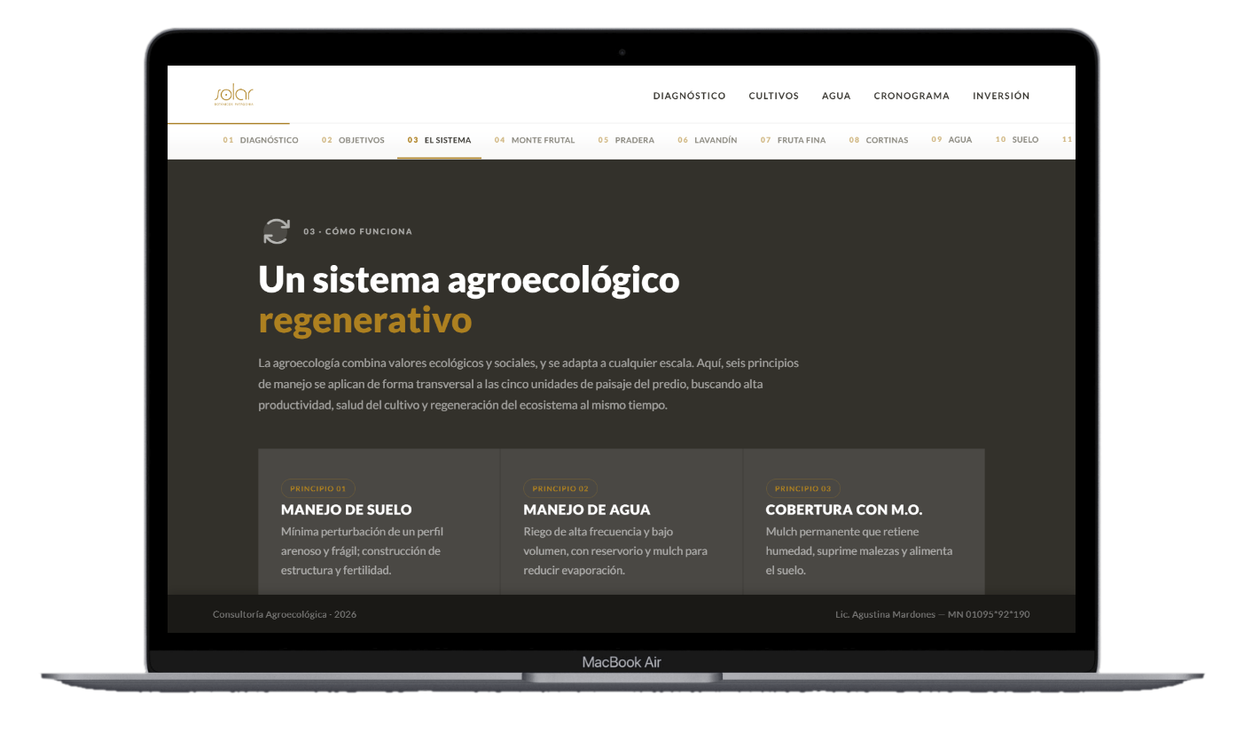 Captura — sección de ganadería regenerativa + presupuesto de diagnóstico